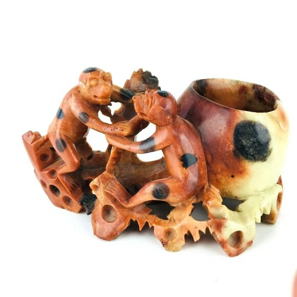 Vintage Detailed Hand Carved Soapstone Figurine Two Monkey's Bowl/Vase - Picture 6 of 11